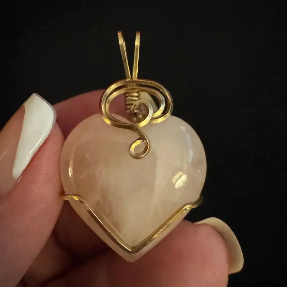 Vintage Pink Stone Heart Pendant Wrapped with Gold Wire
